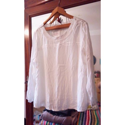 Blouse Blanche Ample Col Rond Avec Perles Cousues 44 Xxl Damart Neuve.