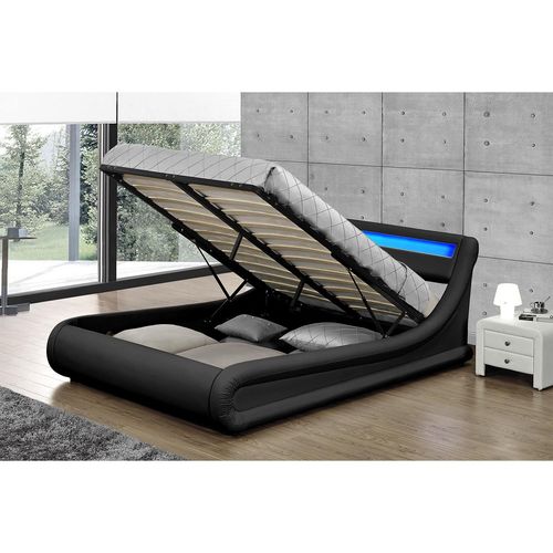 Lit Portland - Structure De Lit En Pu Noir Avec Rangements Et Led Intégrées - 140x190 Cm
