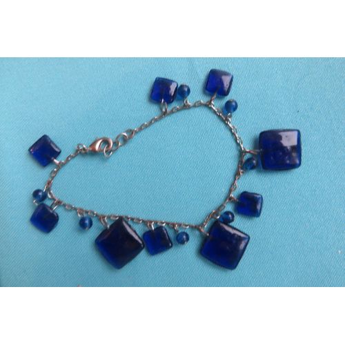 Ancien + Bracelet Perles Pâte De Verre Bleu/Bra3