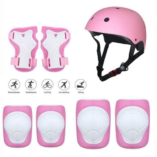 Casque Vélo Enfant Réglable Kit De Protection Enfant Casque Ajustable Genouillères Protège-Poignets Pour Sport, Rose