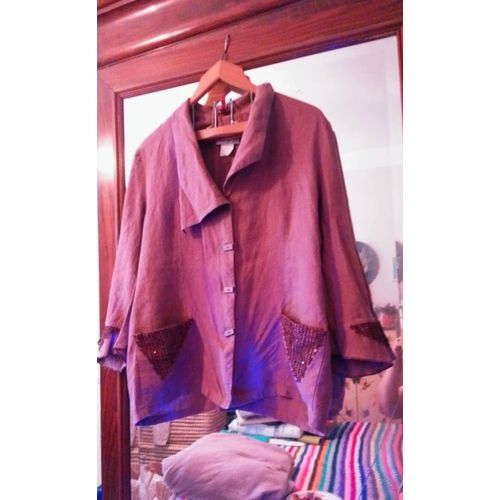 Veste En Lin Marron Poches Et Poignets Avec Filets 42 Xl Meri Sca.