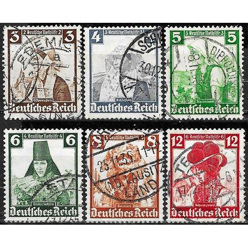 Allemagne, 3ème Reich 1935, Au Profit Du Secours D'hiver, Beaux Timbres Yvert 547 548 549 550 551 552, Costumes Et Coiffes Régionaux, Filigrane Croix Gammées, Oblitérés, Tbe.