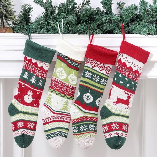 Lot De 4 Chaussettes De Noël De 50,8 Cm, Bonhomme De Neige, Élan, Imprimé, Sac Cadeau De Bonbons, Cheminée Tricotée, Arbre De Noël, Nouvel An, Décorations De Noël Pour La Maison