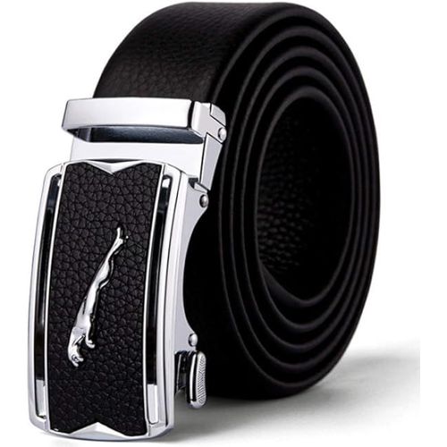 Mens Belt Genuine Leather Ratchet Belts For Men, Stylish Jaguar Metal Buckles Sliding Automatic Waist Belt Business Dress Suits Casual Jeans For Boys/Fathers Gift, 125cm