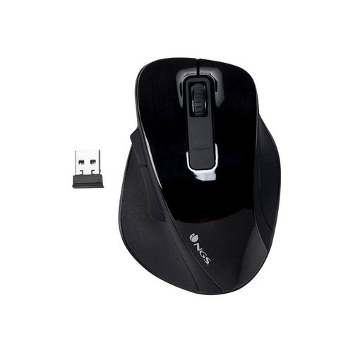NGS BOW - Souris - ergonomique - pour droitiers - optique - 5 boutons - sans fil - 2.4 GHz - récepteur sans fil USB - noir brillant