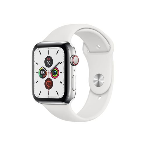 Apple Watch Series 5 (Gps + Cellular) 44mm - Boitier Acier Inoxydable Avec Bracelet Sport Blanc S/M Et M/L