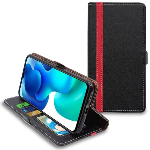 Ebeststar - Coque Xiaomi Mi 10 Lite Etui Portefeuille Pu Cuir Porte-Cartes, Noir / Rouge [Dimensions Precises Smartphone : 163.7 X 74.8 X 7.9 Mm, Écran 6.6'']