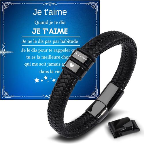 Je T'aime Cadeau Pour Homme Bracelet Pour Hommes Bracelet En Cuir Véritable, Cadeau Anniversaire Homme Cadeau Pour Papa Fils Couple Mari Petit-Ami, Cadeau Pour Fete Des Peres Diplôme Noël