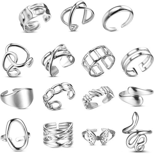 16 Pices Bague Argent Femme Inoxydable Ouvert Rglable Vague Bague Clin Main Doigt Anneaux Pouce Empilables Noeud Plume Knuckle Bague Orteil Lot Bague Pour Femmes Filles.[Y5]