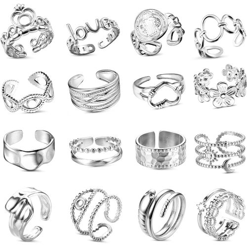 16 Pices Bague Argent Femme Inoxydable Ouvert Rglable Vague Bague Clin Main Doigt Anneaux Pouce Empilables Noeud Plume Knuckle Bague Orteil Lot Bague Pour Femmes Filles.[Y6]