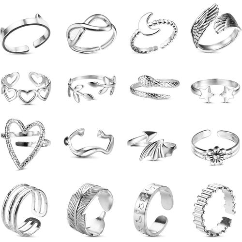 16 Pices Bague Argent Femme Inoxydable Ouvert Rglable Vague Bague Clin Main Doigt Anneaux Pouce Empilables Noeud Plume Knuckle Bague Orteil Lot Bague Pour Femmes Filles.[Y7]