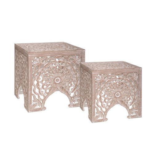 2 Tables D'appoint Bois Design Ethnique Terre - Marron