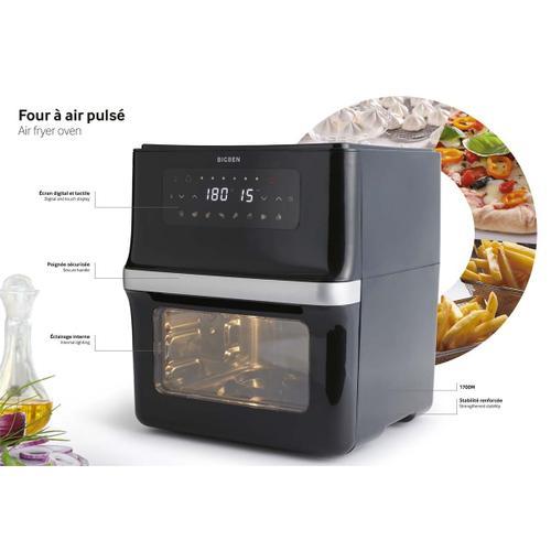 Four cyclonique - Capacité 12L - Puissance 1 700W - Alimentation secteur 230V - Panier, 2 grilles, poignée rotisserie, plaque de cuisson, tourne-broche et plaque chaleur tournante fournis.