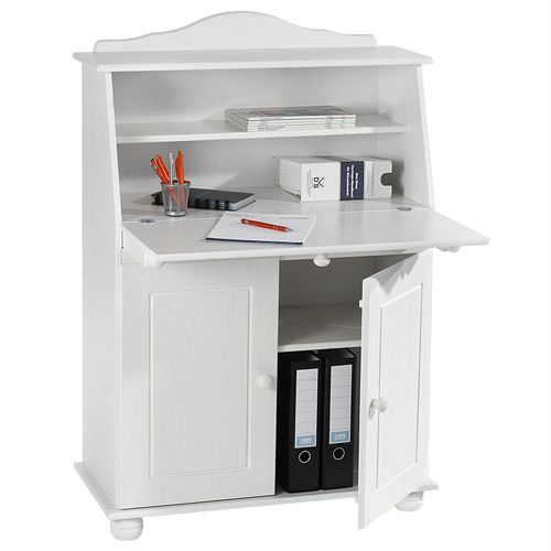 Bureau Secr?Taire David Avec Abattant Rangement Plusieurs ?Tag?Res 2 Portes Et Plan De Travail Rabattable En Pin Massif Lasur? Blanc