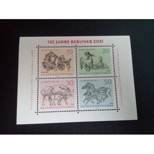 Timbre Allemagne/Berlin Yt Bf 2 Orang-Outan De Bornéo, Pélican De Dalmatie, Gaur, Zèbre Des Plaines 1969 ( 200105 )