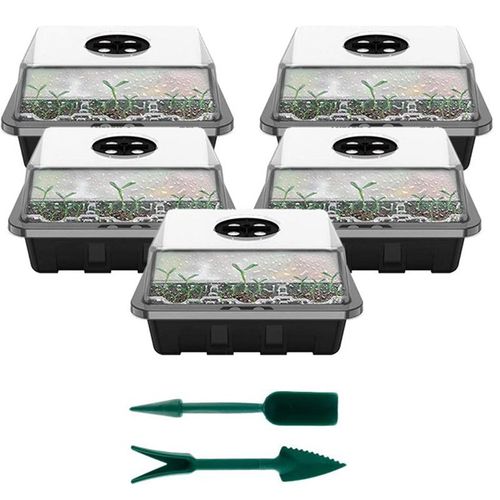 5pcs Bac À Semis Transparente En Plastique,12 Trous Hydratant Et Préservant Chaleur Avec Une Paire D'outils De Plantation