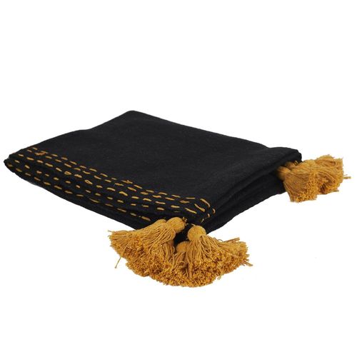 Jeté De Canapé Surpiqué Avec Pompons - 130 X 170 Cm - Noir Et Ambre
