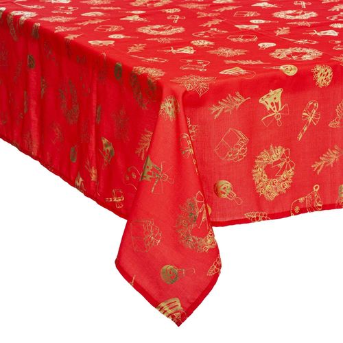 Nappe De Noël Rectangulaire À Motifs - L. 140 X 240 Cm - Rouge Et Doré