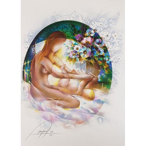 Lithographie Originale De Raymond Poulet - Maternité Aux Fleurs 1