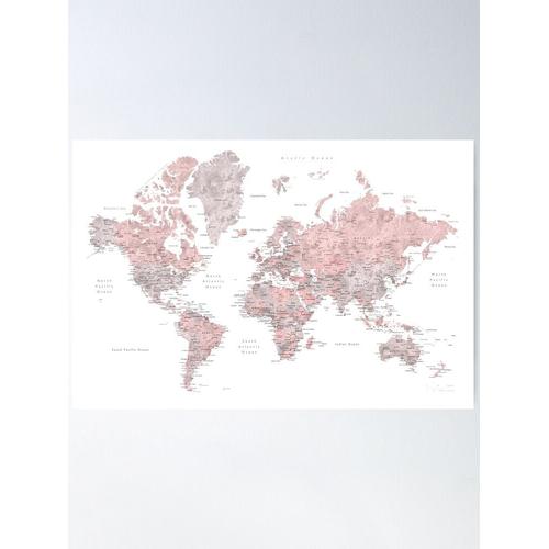 Canevas imprimer Carte du monde rose et gris poussiéreux avec villes Impression sur toile installer/ 40x50cm ou 40x40cm