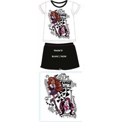 Ensemble Monster High Tee-Shirt + Short 100% Coton Noir/Blanc - Neuf - Été/Fille/Pyjama/Vêtement/Sport - De 6 À 12 Ans