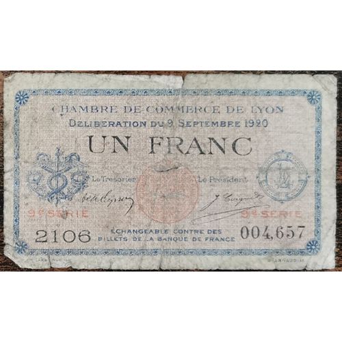 Billet 1 Franc Chambre De Commerce De Lyon 1920 - Nécessité - 9e Série