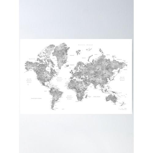 Canevas imprimer Carte du monde aquarelle en niveaux de gris avec villes Impression sur toile DIY installer/ 40x50cm ou 40x40cm