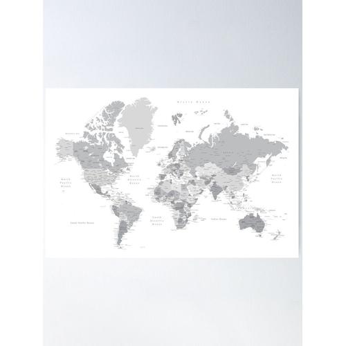 Canevas imprimer Carte du monde grise avec villes, états et pays Impression sur toile DIY installer/ 40x50cm ou 40x40cm