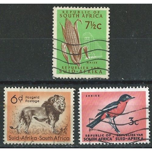 Lot De 3 Timbres Oblitérés, Afrique Du Sud Années 60. Thème Nature Lion , Oiseau, Épis De Maïs.