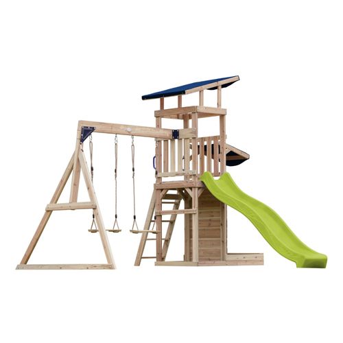 Axi Malik Aire De Jeux En Bois Avec 2 Balançoires, Toboggan Jaune/ Aire De Jeux Extérieur Avec Bac À Sable Et Mûr De Jeux/Toboggan Avec Raccordement À Eau | Portique Balançoire/Jeux En Bois Extérieur