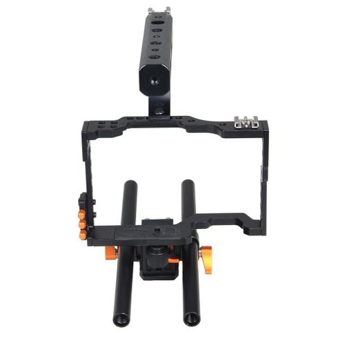 DSLR Rod Rig Caméra Support Vidéo Support Stabilisateur Cage + Poignée Grip pour A7 A7R A7S-Noir + Orange