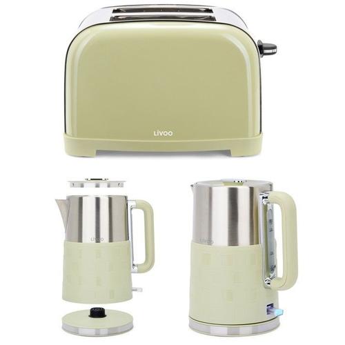 Bouilloire Inox rétro 1,7L vert INOX Sans Fil 2200W Arrêt automatique INOX + Grille-pain rétro vert 850W 2 FENTES