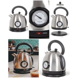 Bouilloire Electrique rétro INOX GRISE 1800W avec thermomètre Sans fil Range cordon Arrêt automatique 1.8L
