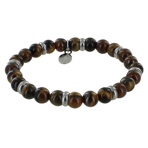 Les Poulettes Bijoux - Bracelet Elastique Anneau Acier Et Perles Oeil De Tigre