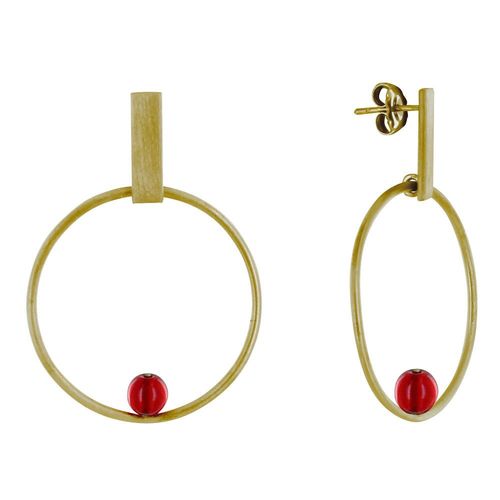Les Poulettes Bijoux - Boucles D'oreilles Clous Laiton Rectangle Plat Cercle Et Perle De Verre