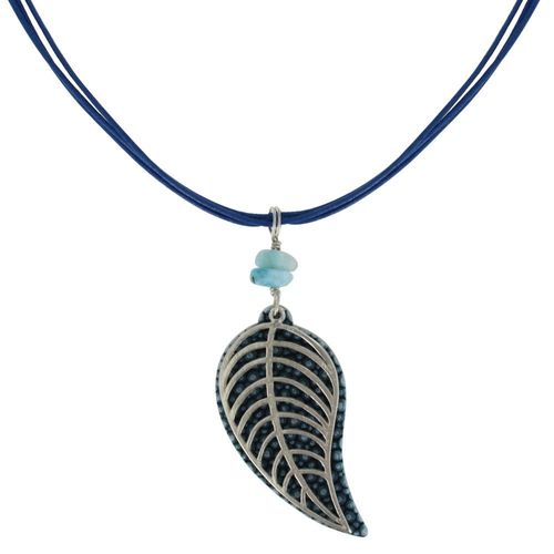 Les Poulettes Bijoux - Collier Cordon En Cuir Feuilles De Cuir Et Argent Pépites De Larimar