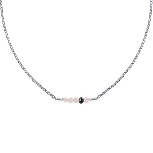 Les Poulettes Bijoux - Collier Chaine Argent Rhodié Quatre Perles Facettées De Quartz Rose Et Un Diamant Noir Facettée