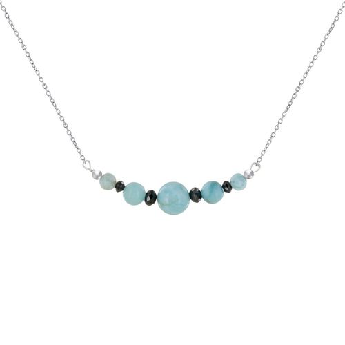Les Poulettes Bijoux - Collier Chaine Argent Rhodié Cinq Perles De Larimar Et Quatre Diamants Noirs Facettées