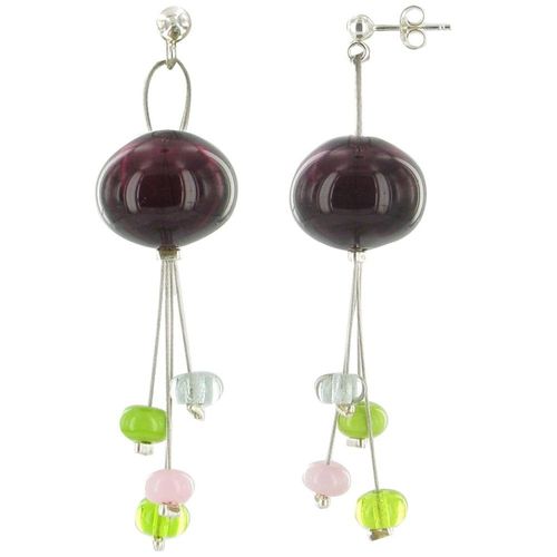 Les Poulettes Bijoux - Boucles D'oreilles Bouquet De Verre Aubergine Et Ses Tiges De Perles