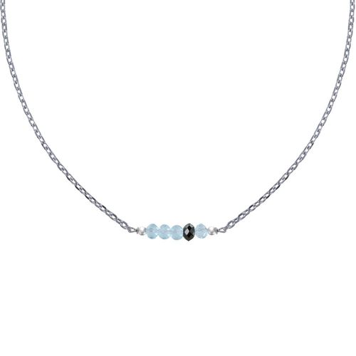 Les Poulettes Bijoux - Collier Chaine Argent Rhodié Quatre Perles Facettées De Topaze Et Un Diamant Noir Facettée