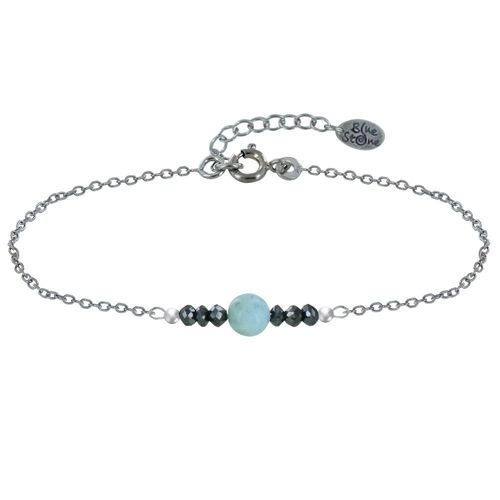Les Poulettes Bijoux - Bracelet Chaine Argent Rhodié Une Perle De Larimar Et Six Diamants Noirs Facettées