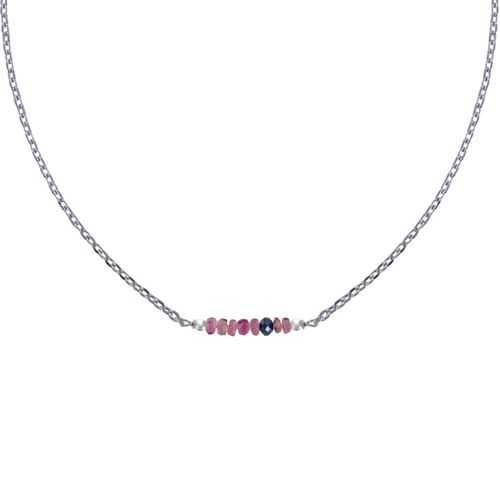 Les Poulettes Bijoux - Collier Chaine Argent Rhodié Sept Perles Facettées De Tourmaline Rose Et Un Diamant Noir Facettée