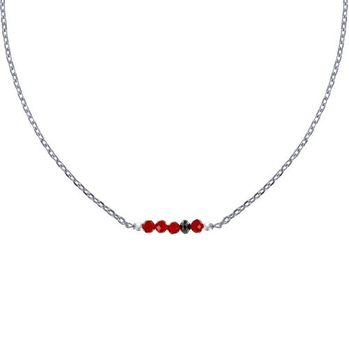 Les Poulettes Bijoux - Collier Chaine Argent Rhodié Quatre Perles Facettées De Cornaline Et Un Diamant Noir Facettée