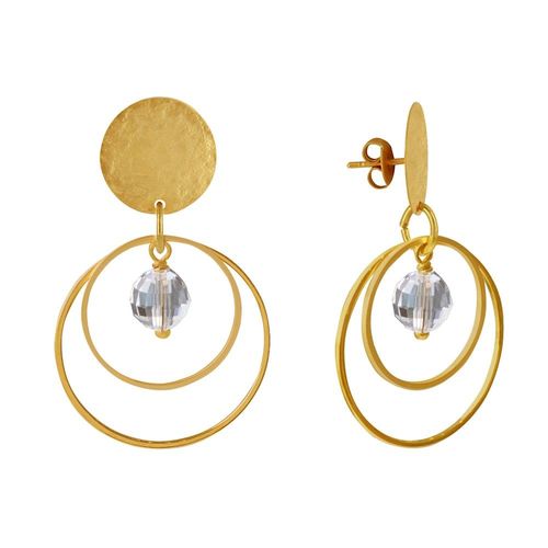Les Poulettes Bijoux - Boucles D'oreilles Clous Laiton Mat Pastille Brossée Deux Anneaux Et Perle Facettée