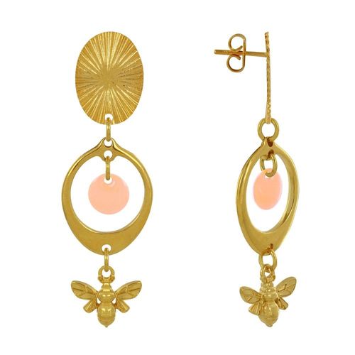 Les Poulettes Bijoux - Boucles D'oreilles Clous Laiton Doré Cercle Pastille Coloré Et Abeille