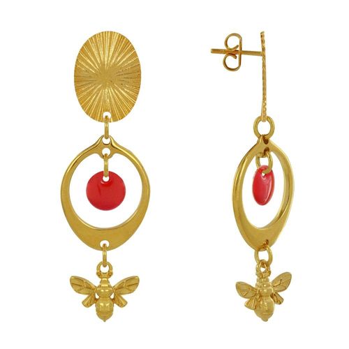 Les Poulettes Bijoux - Boucles D'oreilles Clous Laiton Doré Cercle Pastille Coloré Et Abeille