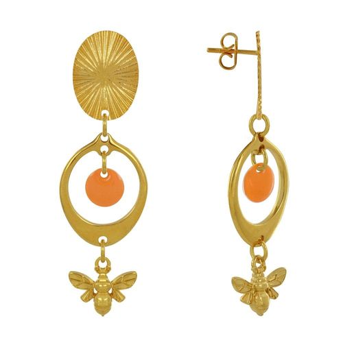 Les Poulettes Bijoux - Boucles D'oreilles Clous Laiton Doré Cercle Pastille Coloré Et Abeille