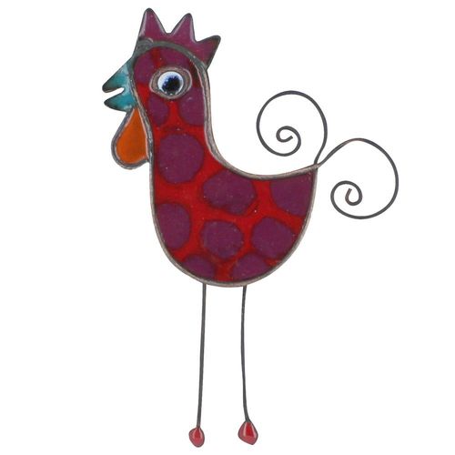 Les Poulettes Bijoux - Broche Coq Émaillée Rouge À Pois Violet