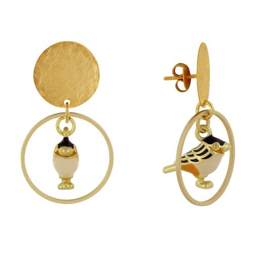 Les Poulettes Bijoux - Boucles D'oreilles Clous Laiton Mat Pastille Brossée Anneau Et Oiseau Coloré