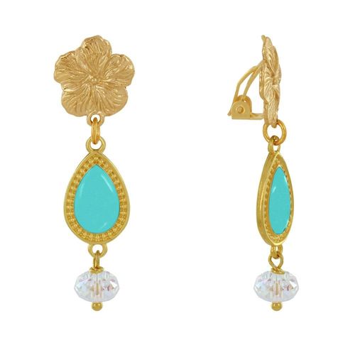 Les Poulettes Bijoux - Boucles D'oreilles Clip Métal Doré Fleur Goutte Émaillée Et Perle Facettée